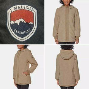 1 MADISON Women Fuzzy Jacket Hooded--Latte/Khaki